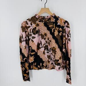 Pants Store Floral Print High Neck Blouse Pink Black Brown Boho Top Size M